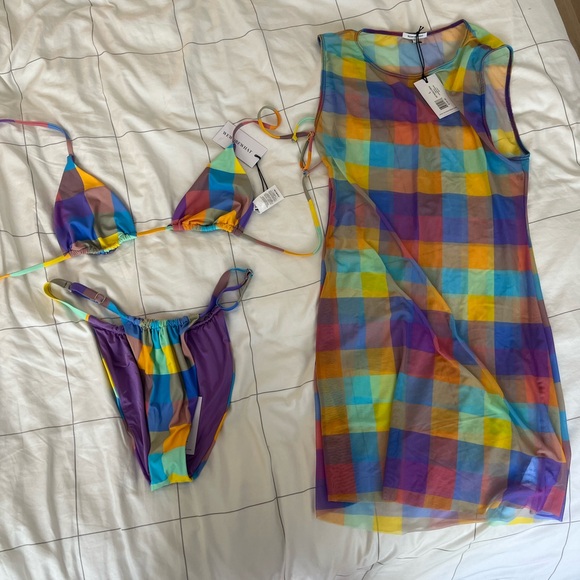 WeWoreWhat Gingham plaid 3 piece Bikini Set & Mesh Muscle Tank Dress - Picture 8 of 11